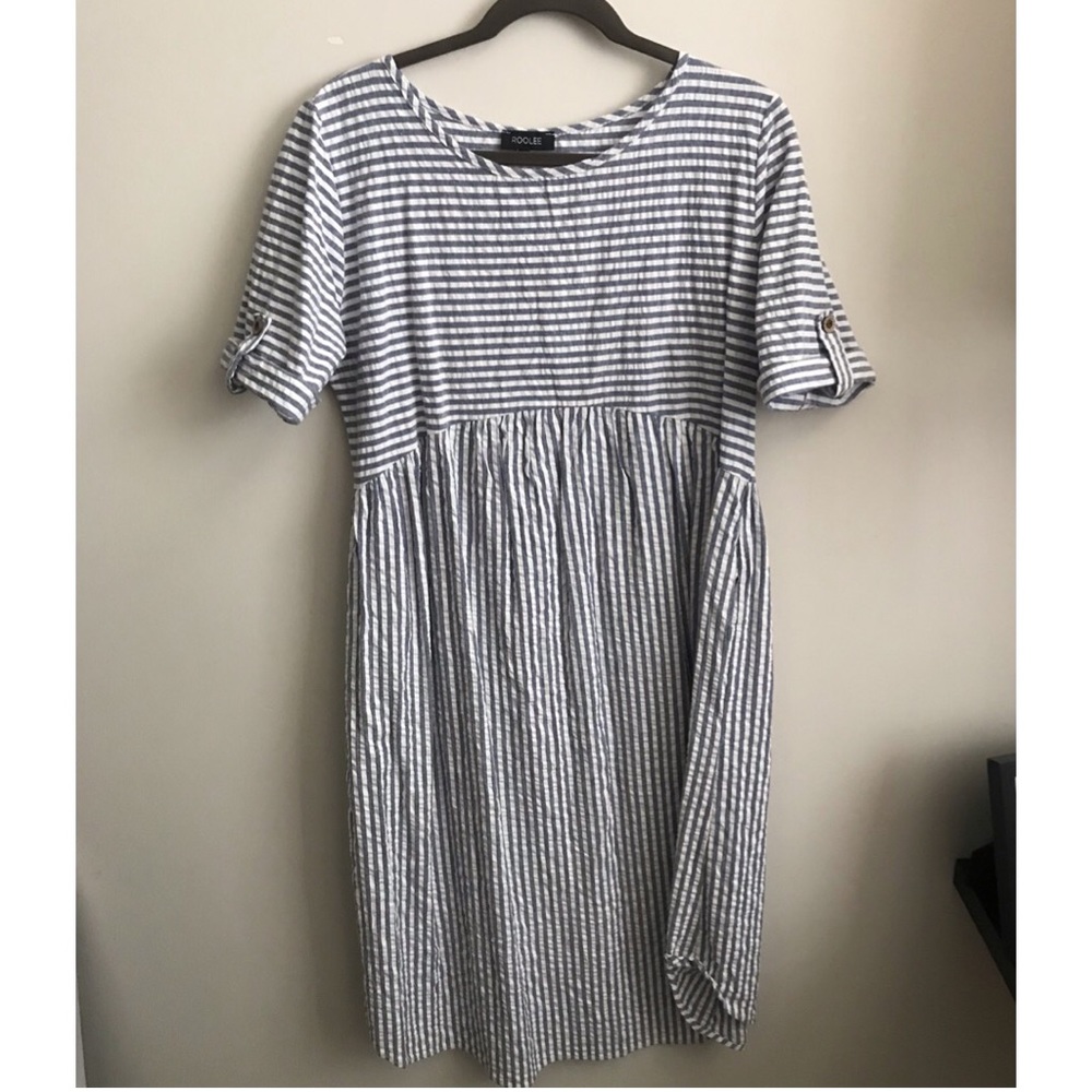 White and blue striped dress